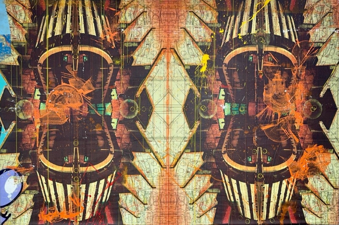 Ritual Blueprint - Mixed media on canvas by Eder Cetina, 2025, sacred geometry meets contemporary street art